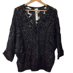 Chicos Size 2 Sweater Open Knit Black Gray Metallic Knit Elbow Sleeves Cover Up